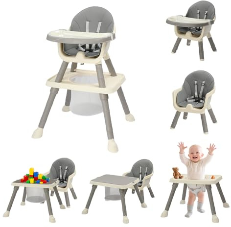 Bonnlo 6-in-1 Convertible Baby High Chair, Adjustable Height with Removable Double Tray & Building Block Table, Multi-Functional Highchair for Toddlers 6-36 Months (Gray)