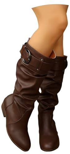 Botas Altas Plisadas Vintage For Mujer Boots De Caña Ancha De Cuero De PU Botas De Montar De Talla Grande Con Hebilla Metálica Zapatos Sin Cordones De Otoño/invierno Con Tacón Bajo(Brown,36 EU)