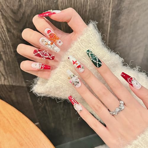 Liccom Press-On Nails jul på tårna – glitter och kristallfalska naglar, festlig design, enkel installation, återanvändbar (L, L. 27–32 mm, ballerina)