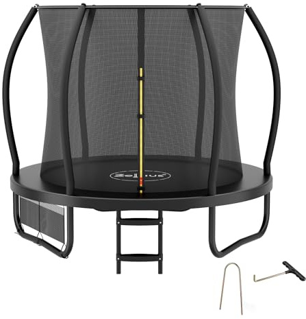 Zelsius Trampolín negro para exteriores, trampolín de jardín con red de seguridad, escalera y bolsa para zapatos, para deporte y ocio (228 cm)