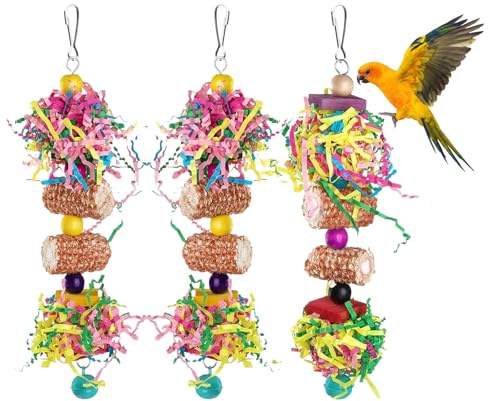 RPHONGHONG 3 PCS Bird Toys, Budgie Toys Hanging Bird Shredding Toys Include Natural Corn Cob Bells Cockatiel Toys for Parakeets Cockatiels Small and Medium Sized Parrot