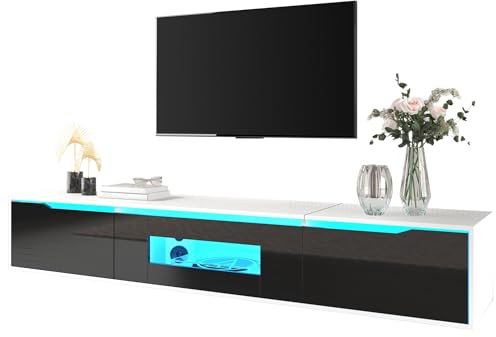 Mueble De TV Con Tablero De Partículas,Acabado Alto Brillo Con Iluminación LED Multicolor,Puertas Acanaladas En Negro Y Blanco,Lowboard Para Salón,Soporte Para Televisor De 50-59 Pulgadas,180x35x30cm