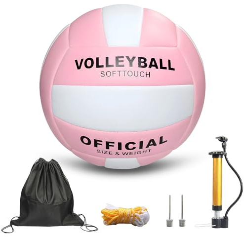 LUFEIS Volleyball Official Size 5, Super Soft & Waterproof Volleyballs with Pump and Storage Bag, Volleyball Training Ball for Indoor, Outdoor, Beach, Gym (Pink & White)