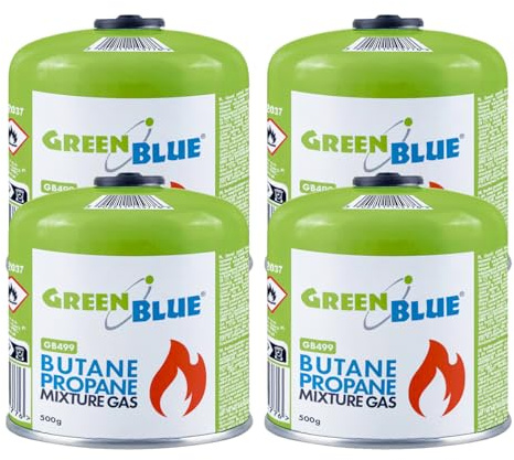 Cartouche de gaz Green Blue GB499 500 g EN417, Filetage 7/16, Propane-Butane, système Gas-Stop, pour réchauds de Camping, brûleurs de Camping et de randonnée Ainsi Que pour Camping-Cars (1, Vert)