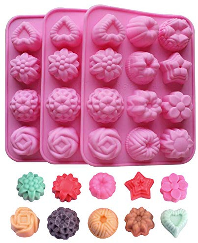 BAKER DEPOT Silicone Bakeware Mold For cake chocolate Jelly Pudding Dessert Molds 12 Holes With Flower Heart Shape Set of 3