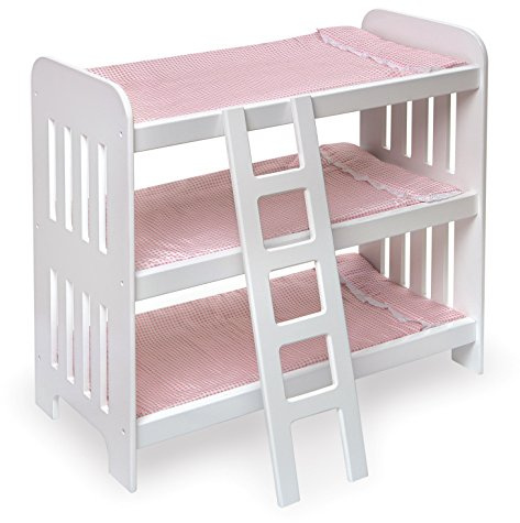 Badger Basket Triple Doll Bunk Bed with Ladder and Bedding for 20-Inch Dolls – Pink Gingham Design with Personalization Kit