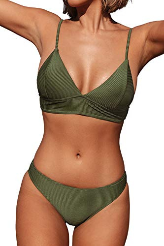 CUPSHE Femme Bikini Triangle à Bande Large Côtelé Ensemble Bikini Taille Basse High Cut Maillots de Bain 2 Pièces Swimsuit Armée Verte M