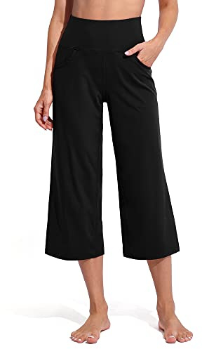 Promover Womens Capris Yoga Pants Summer Ladies 3/4 Trousers for Women UK Cropped Straight Wide Leg Trousers Women Stretch Work Trousers with Pockets