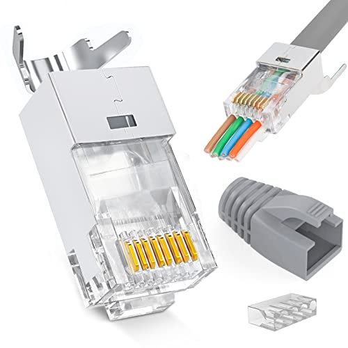 PETECHTOOL Cat7 Netzwerkstecker RJ45 für Cat6A Geschirmtes Netzwerkkabel - Crimp Stecker AWG23 Mit Einfädelhilfe und Knickschutz - 20 Sets