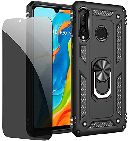 JOYTAG Schutzhülle kompatibel mit Huawei P30 Lite, Schwarz, Schutzhülle mit Displayschutzfolie aus Sichtglas, Anti-Spionage-Schutz