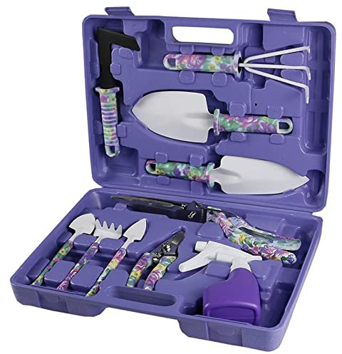 10Tlg Gartengeräte Set, Gartenwerkzeug mit Box, Gartengeschenke Schaufel, Gartenschere, Wassersprüher, Rechen, Harke für Pflanzen und Gartenarbeit, mit Aufbewahrungsbox