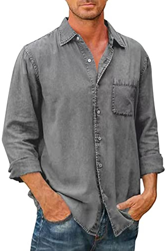 Onsoyours Chemise Jean Homme Manches Longues Chemise Décontractée Coton Chemises Hommes Couleur Unie Business Casual Bouton Shirts Regular Fit A Gris 3XL