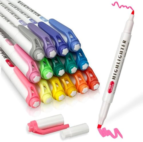 YOSKAEDI Textmarker, 15 textmarker marker pastell mit zwei Spitzen, pastell textmarker set, markers & highlighters pen für Tagebuch, Büro-Schulbedarf