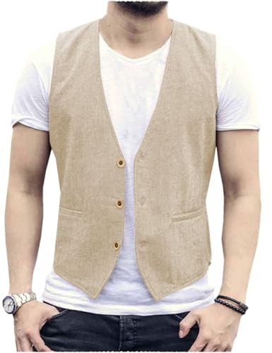 AeoTeokey Gilet d'été en lin pour homme, décontracté, coupe droite