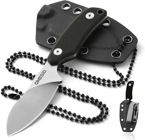 Omesio EDC Messer - Nessmuk Neck Knife mit Kydexscheide und Gürtelclip, Hals Messer Kleines Feststehendes D2 Stahl Full Tang G10-Griff - 42a konform(Weiß + Schwarz)