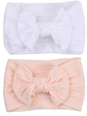 Volumoon Bandeaux pour fille, 2 pièces, bandes en nylon, super élastique, avec nœuds, bandes, bandes de cheveux pour fille, bandeau pour bébé et bébé, blanc, rose