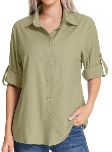 Womens Safari Sun Shirts UPF 50+ UV Sun Protection Long Sleeve Outdoor Quick Dry Fishing Hiking Gardening Shirts (5019 Khaki XL)