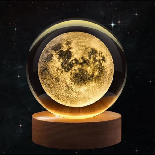 Flexzion Luce notturna 3D a forma di luna con sfera di cristallo, luce LED ologramma in vetro con base in legno massello, alimentata tramite USB, con luminosità regolabile, per decorazione domestica