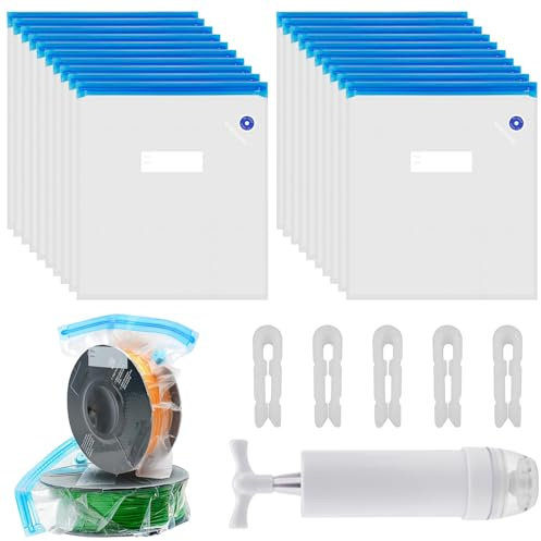 Erzekrim 3D Filament Storage Kit: 20 Vacuum Bags (30 x 34 cm), Moisture-proof, Reusable, Transparent, Polyamide (Nylon), Polyethylene, Manual Operation