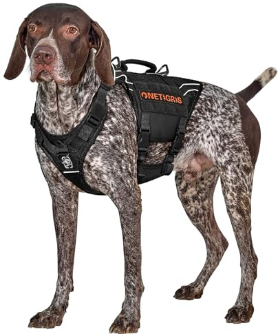 OneTigris Arnés Pecho Antitirones Perros, Aire Armor Mesh Arnés Perro Reflectante Ajustable, Táctica Arnes Perro Grande Mediano, con 2 Asas y 3 Anillos, con Sistema Molle - Negro M