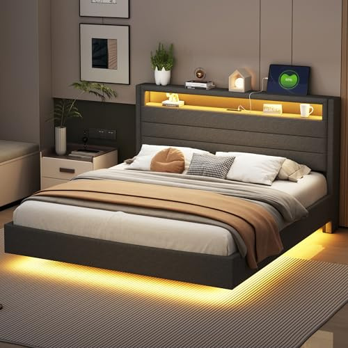 Moimhear Cama Tapizada de 160 x 200 cm Con Enchufe USB y Luz LED, Cabecero Reversible y Oculto, Doble Plana, Juvenil y de Adulto, de Lino