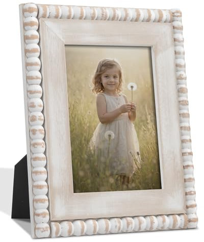 Afuly 7x5 Photo Frames Wooden Picture Frames White 5x7 Picture Frame Rustic Photo Frame With Wood Beads Wall Mount Desktop Boho Home Decor Christmas Birthday Gifts For Family Mum Grandma Women