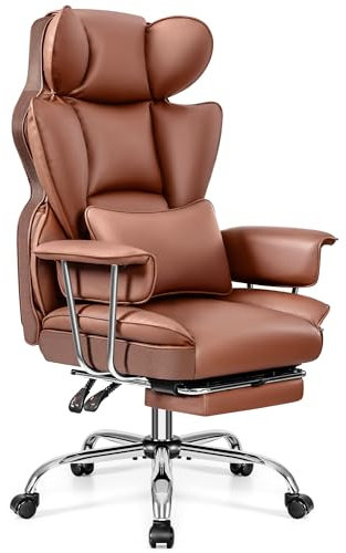 DoChair Bürostuhl Ergonomisch mit Fußstütze und Lendenwirbelstütze, PU Leder Chefsessel mit Lendenwirbelstütze und hoher Rückenlehne,Komfortabler Bürostuhl 200kg (braun)