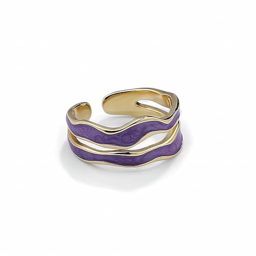 FLUIDABLE Beryl Bague Femme émail Argent S925 Plaqué or 18 Carats, Bague Bande Deux Cercles Couleur, Bague Déclaration Vague Irrégulière, Bague Ouverte Réglable, Cadeau D'anniversaire(Violet)