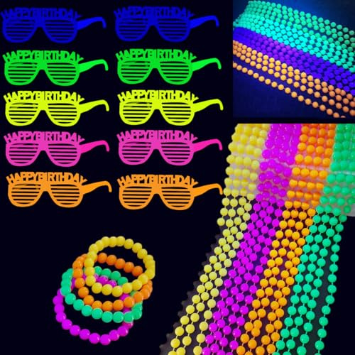 KARLOR 18 unidades de decoración de fiesta UV, 10 gafas fluorescentes, 4 pulseras de neón y 4 collares luminosos, accesorios para fiestas de luz negra