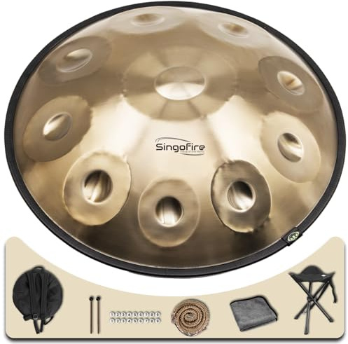 SINGOFIRE 10-Notes Handpan Drum, Handpan Drums for Adults, 22-Inch 440Hz D Minor Kurd Handpan, Handpans Instrument with Soft Drum Bag, 2 Handpan Mallets, Stand and Dust-Free Cloth(Gold)