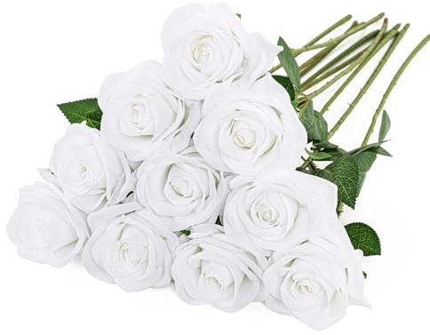 LEUCHTAMOR 10 Stück Künstliche Rosen 54cm Fake Seidenrosen Langer Stiel Realistische Rosen für DIY Bastelblumen Hochzeits Brautsträuße, Arrangements, Party und Heim Dekor(Reines Weiß)