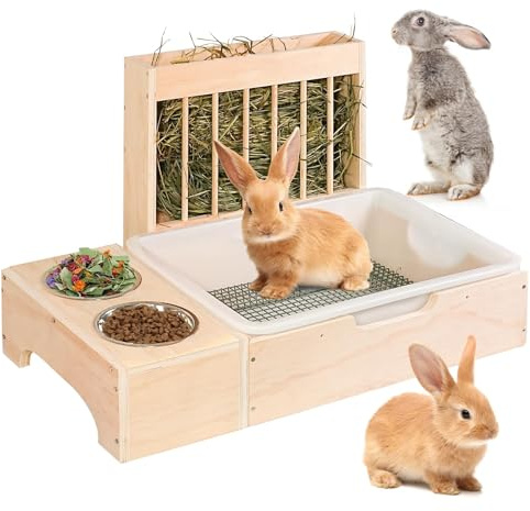 3 in 1 Extra Large Rabbit Hay Feeder with Litter Box, Wooden Bunny Toilet, for Large and Medium-Sized Dwarf Rabbit, Other Animals