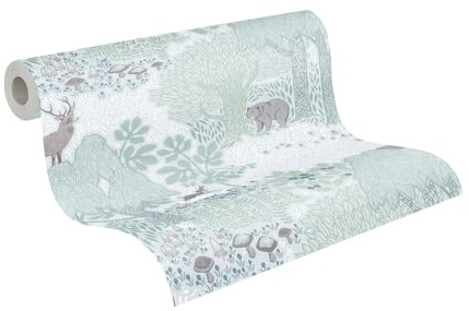 A.S. Création Tapet för barnrum Lilly & Luis - non-woven tapet med skogseffekt - 10,05 m x 0,53 m - brun, grön, vit - Tillverkad i Tyskland - 771331
