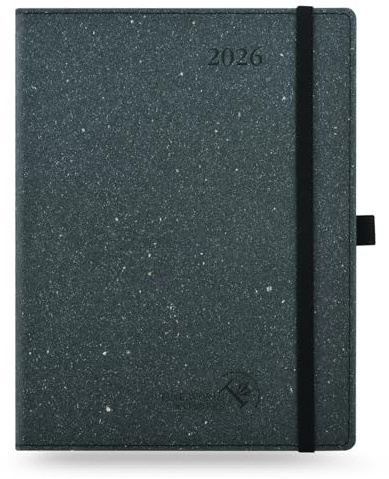 POPRUN Agenda 2026 22 x 16,5 cm Weekly Planner, Hårt Omslag, Papper Tillverkat av Förnybara Material, Månadsflikar, Tjockt Papper 100 GSM, Mörkgrå