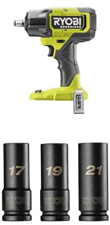 RYOBI RIW18BL-0 18V ONE+ Cordless Brushless Impact Wrench (Bare Tool) RHDIS3PC Deep Well Impact Socket Set (3 Piece)