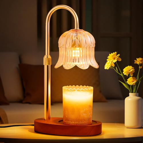 EVXFG Candle Warmer Lamp Electric : Classicism Glass Design with 2 Bulbs - Adjustable Height and Dimmable Timer Flower Lamp - Jar Candles Flameless Burner Suitable Various Holiday Warming Gifts