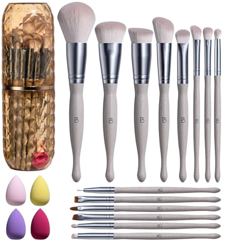 BS-MALL Makeup Brushes Set – Premium 14 Pcs Brush Collection with 4 Pcs Mini Sponges & Case, Perfect for Travel, Complete Beauty Tools for Women (Wheat straw)