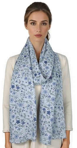 ERAKLE Sciarpa Elegante da Donna, Motivo Floreale, Beige,Rosa, Azzurro, Verde,Stile Stola (AzzurroChiaro-F)