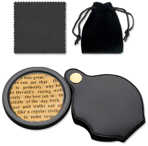 GGUFAY Lupa de Bolsillo Pequeña de 10 Aumentos, con 1 Paño de Limpieza y 1 Bolsa de Almacenamiento Negra, Lupa de Lectura Plegable, Lupa Portátil con Funda Protectora,para Leer Libros,Periódicos,Mapas