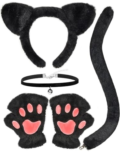 WEITAPYT Dräktset med katt, 4 st kattdräkt för barn, kattöron pannband, kattsvans, choker klockor, katthandskar plysch, lämplig för halloween, karneval, fest, kostymtillbehör