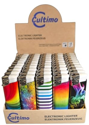 Cultimo 50 Stück Elektronik Feuerzeuge mit Motive, Nachfüllbar & Kindergesichert | Feuerzeug Lighter elektronische, Gas befüllt (Rainbow)