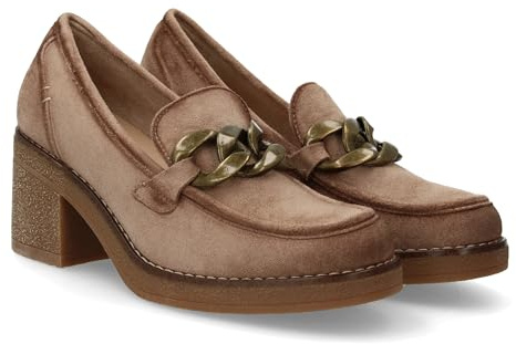 97558 Mocasin de Mujer con Aterciopelado, Tacon Ancho de Altura Media, Cadena Metalica Decorativa, Suela de Goma con Plataforma Ligera. Ideal Otono Invierno. Beige Talla 39