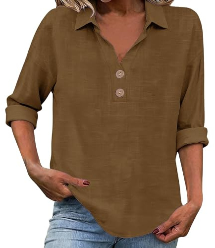 Générique Chemises Lin Coton pour Femme T-Shirt À 3/4 Manches Longues Chemisier Casual Baggy T-Shirts Comfy Lin Coton Tops Couleur Unie Grande Taille Blouse D'été