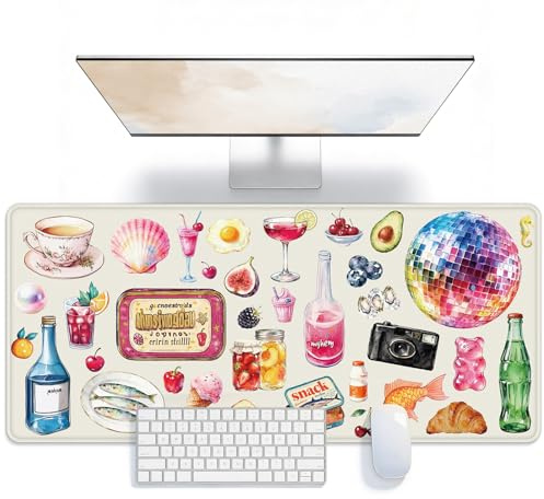 XXL Large Office Desk Mat for Keyboard and Mouse Cute Big Desktop Cover Pad Office Decor with Lycra Surface & Non-Slip Rubber Base, Edges Desk Protector for Keyboard and Writing(Watercolor Stickers)