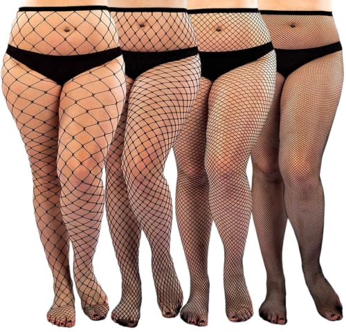 Innfttwo Women's 4 Pairs Plus Size Black Fishnet Tights for Women Sexy Cross Mesh Tights Fishnet Tights Womens with Different Fishnet Patterns