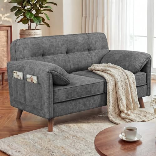 YOUDENOVA Canapé 2 Places – Petit Canapé avec Accoudoirs Moelleux et Pochette Latérale, Mini-Canapé pour Salon, Appartement, Bureau, Montage Facile, 145×75×85 cm, Chenille Gris