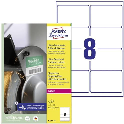 AVERY Zweckform L7914-40 Strapazierfähige Folienetiketten (320 Aufkleber, 99,1x67,7mm auf A4, extrem stark selbstklebend, für schwierige Oberflächen, bedruckbare Outdoor Klebefolie) 40 Blatt, weiß