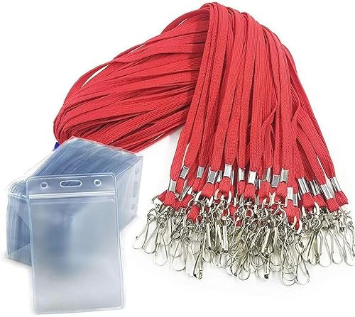 50 Stck Namensschilder mit Schlüsselband-Ausweishalter Vertikaler wasserdichter Kunststoff-Ausweishalter Lanyards Namensschilder für Kids School Camp Exkursion Business Event Trade (50, Rot)