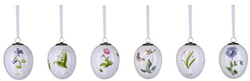 kleine weiße Porzellan Deko Eier - bunte Motiv-Eier mit Blumen bedruckt 7.5 x 5.5 cm zum Aufhängen - 6-teiliger Oster- oder Frühlingsschmuck für Bäume, Sträucher, Fenster oder Türen