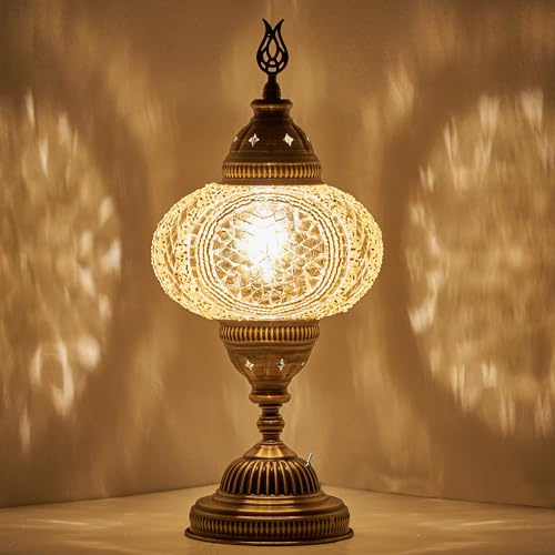 DEMMEX Battery-Operated Turkish Moroccan Mosaic Table Lamp – 12”H, 5”W, Portable Stained Glass Lantern for Indoor & Outdoor Use, Cordless Handmade Decorative Light for Bedroom, Patio & Camping, Gold